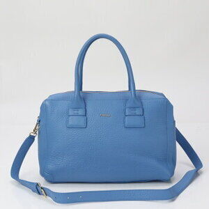 Furla Capriccio Satchel Leather Tote Bag Blue Shoulder Hand